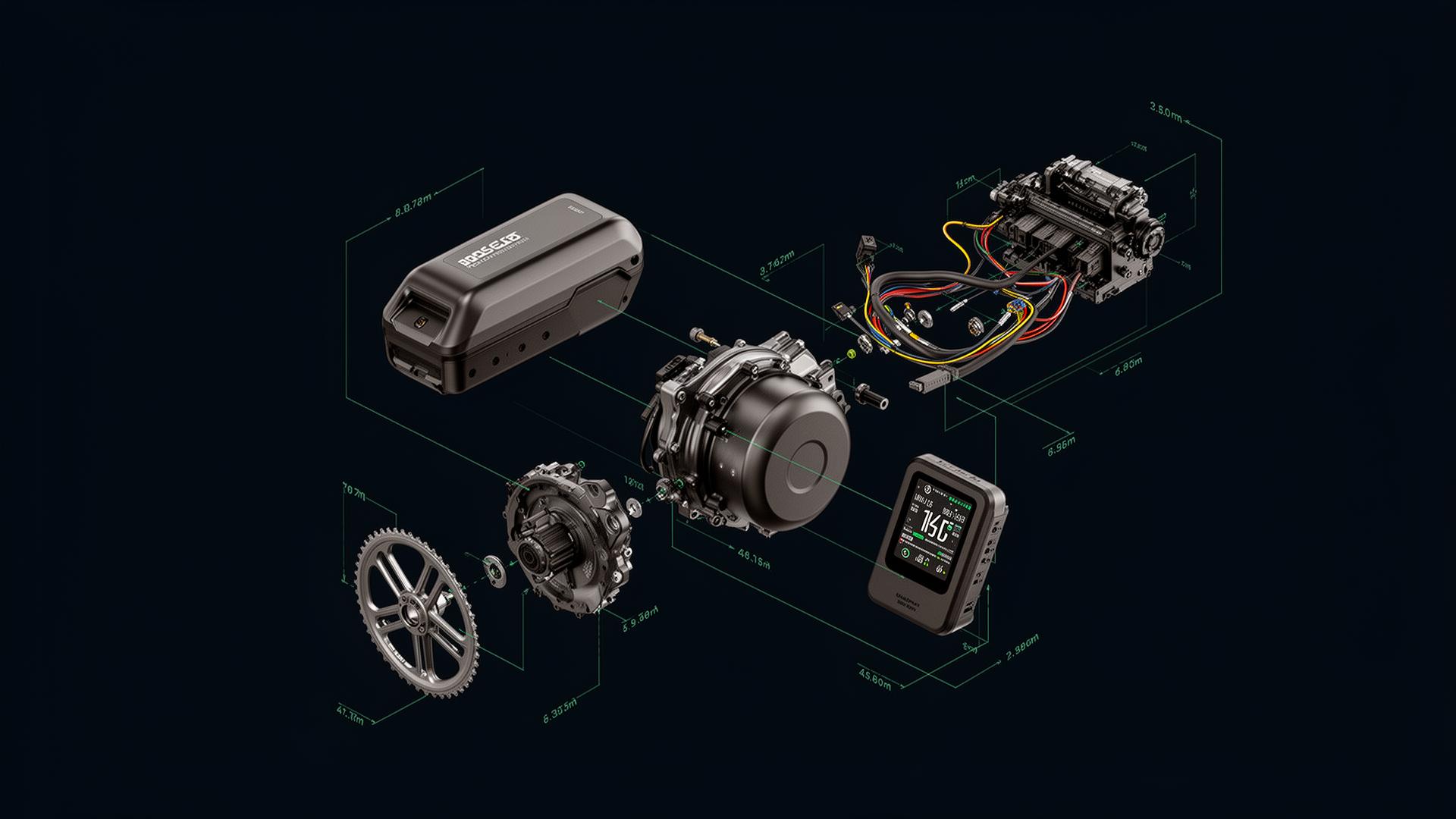 Exploded technical illustration of an e-bike drivetrain: battery, motor, controller, display, harness