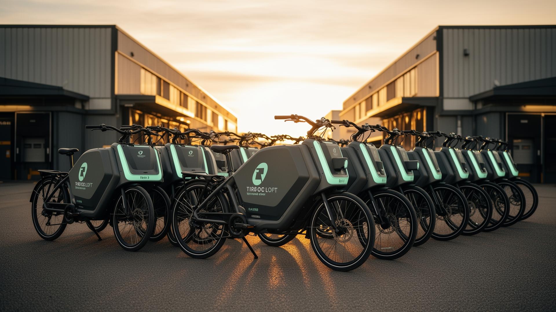Fleet of branded e-cargo bikes lined up at a logistics depot at golden hour