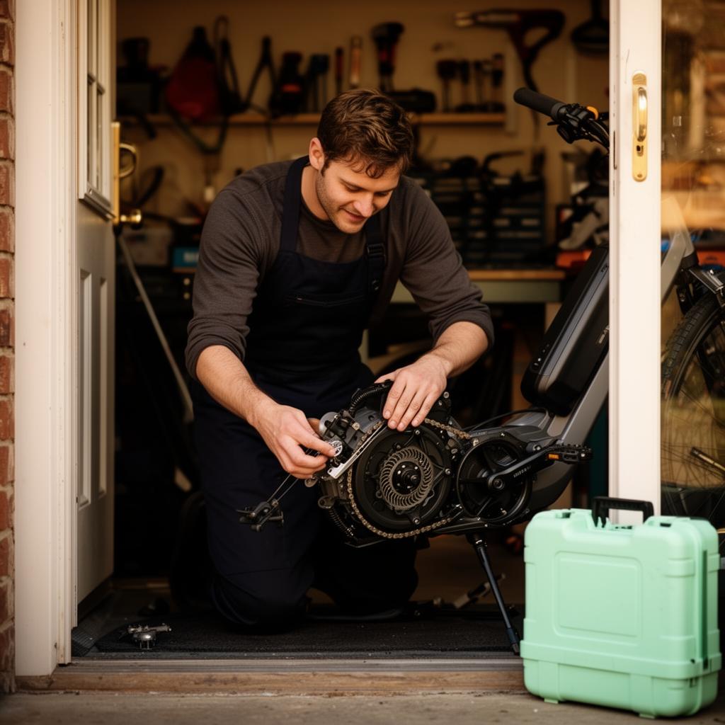 Approved local mechanic repairing an e-bike at the customer's door