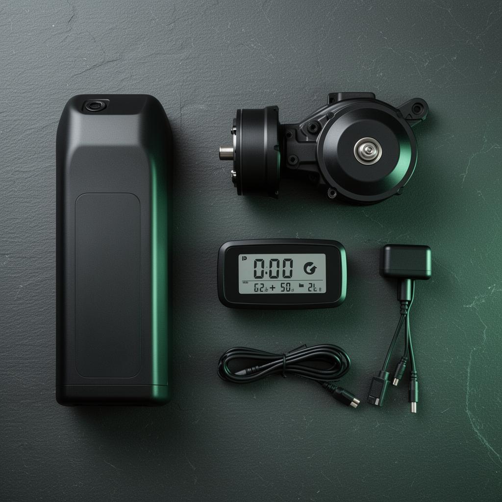 OEM e-bike parts laid out: battery, motor, display, charger